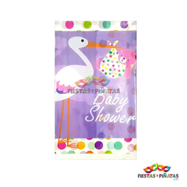 Mantel Baby Shower Cigueña Lila para fiestas temáticas y piñatas en Bogotá